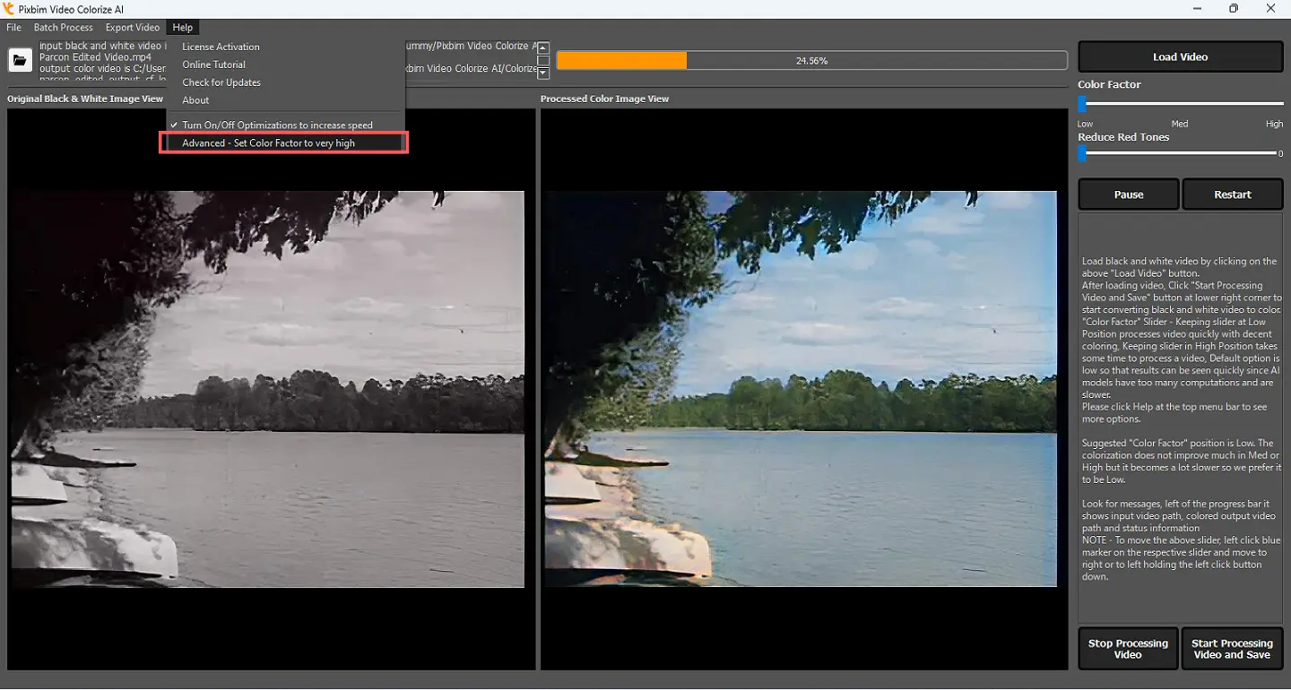 screenshot shows advanced set color factor very high option using pixbim Video Colorize AI