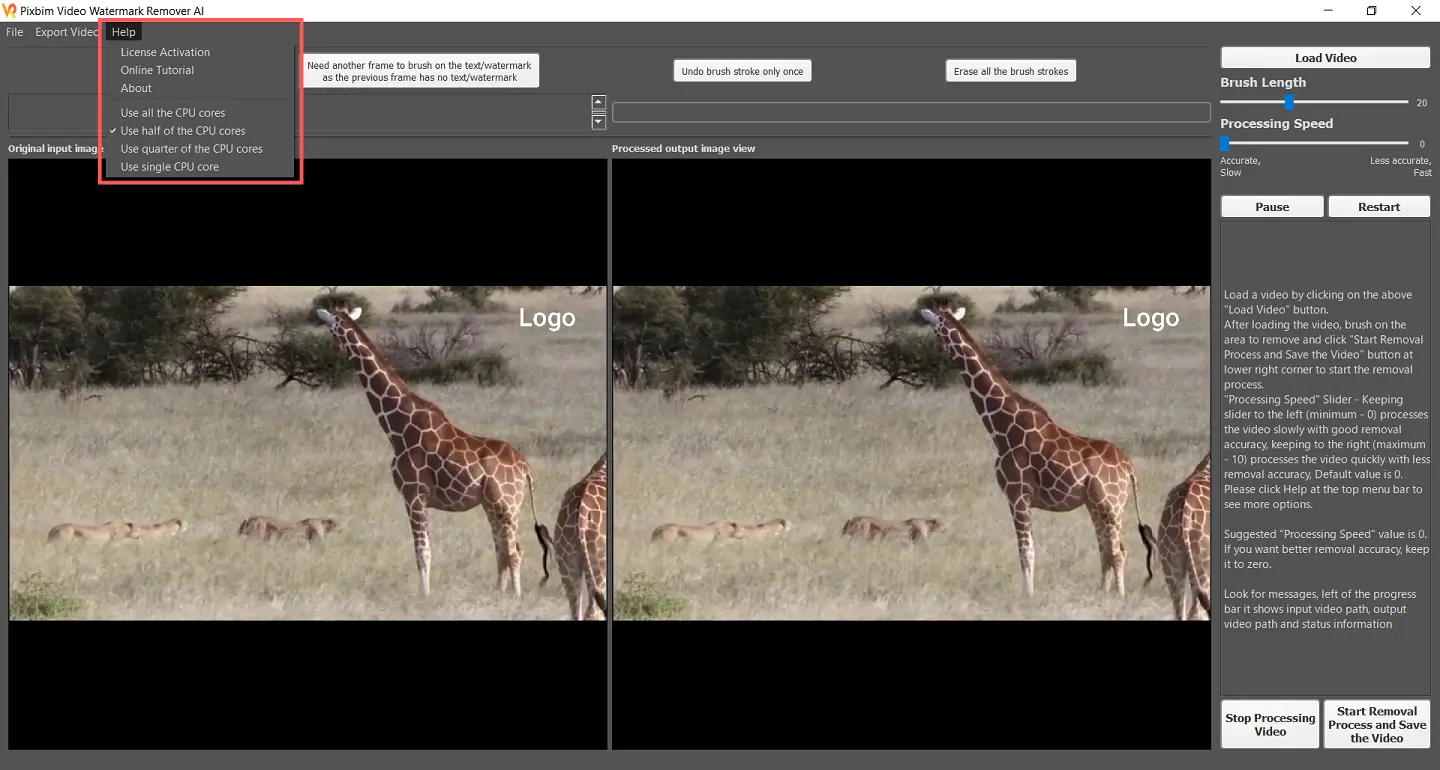 The Screenshot highlights how to access a Help Option in Pixbim Object Remover AI