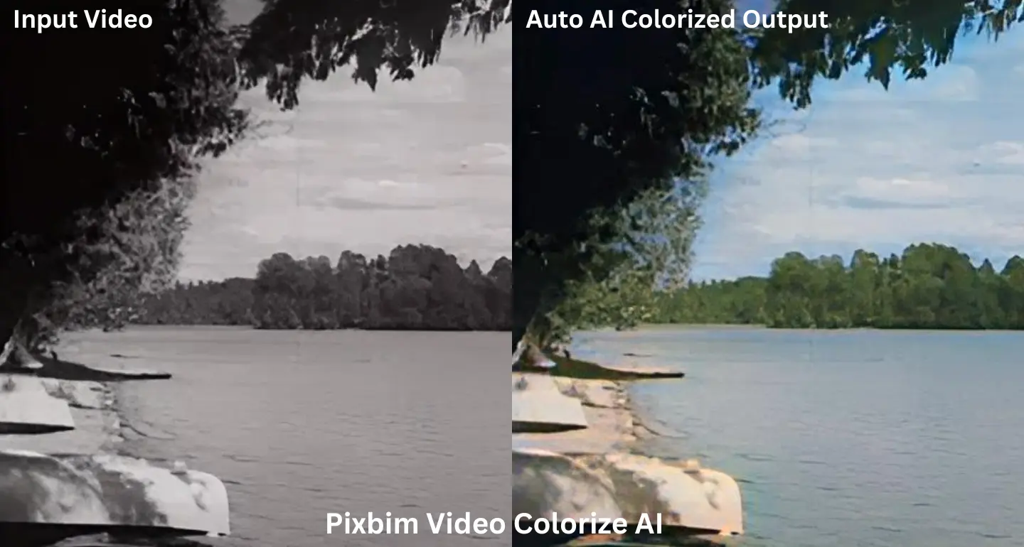 Side-by-side comparison showcasing the transformation from black and white to vibrant color using pixbim Video Colorize AI