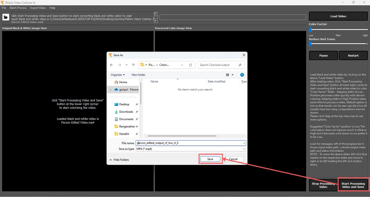 Screenshot shows how to start and save the video output in the Pixbim Video Colorize AI