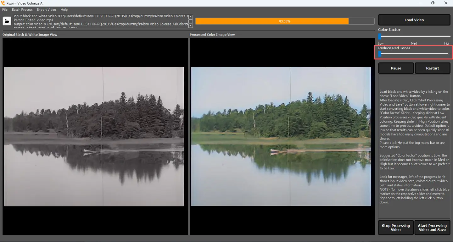 screenshot shows reduced red tones with Pixbim Video Colorize AI for accurate and natural-looking colorization