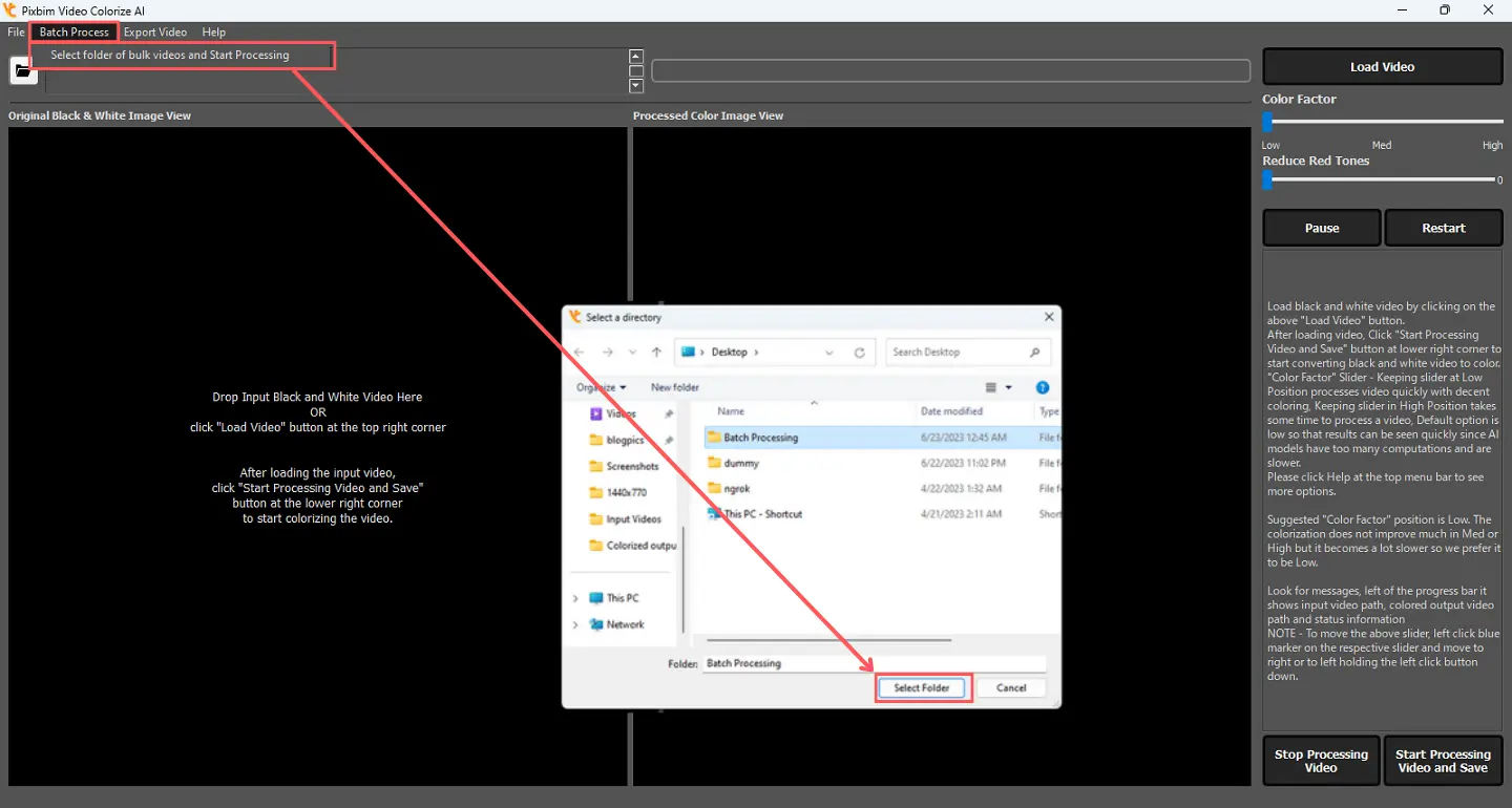 screenshot shows batchprocessing option in pixbim Video Colorize AI