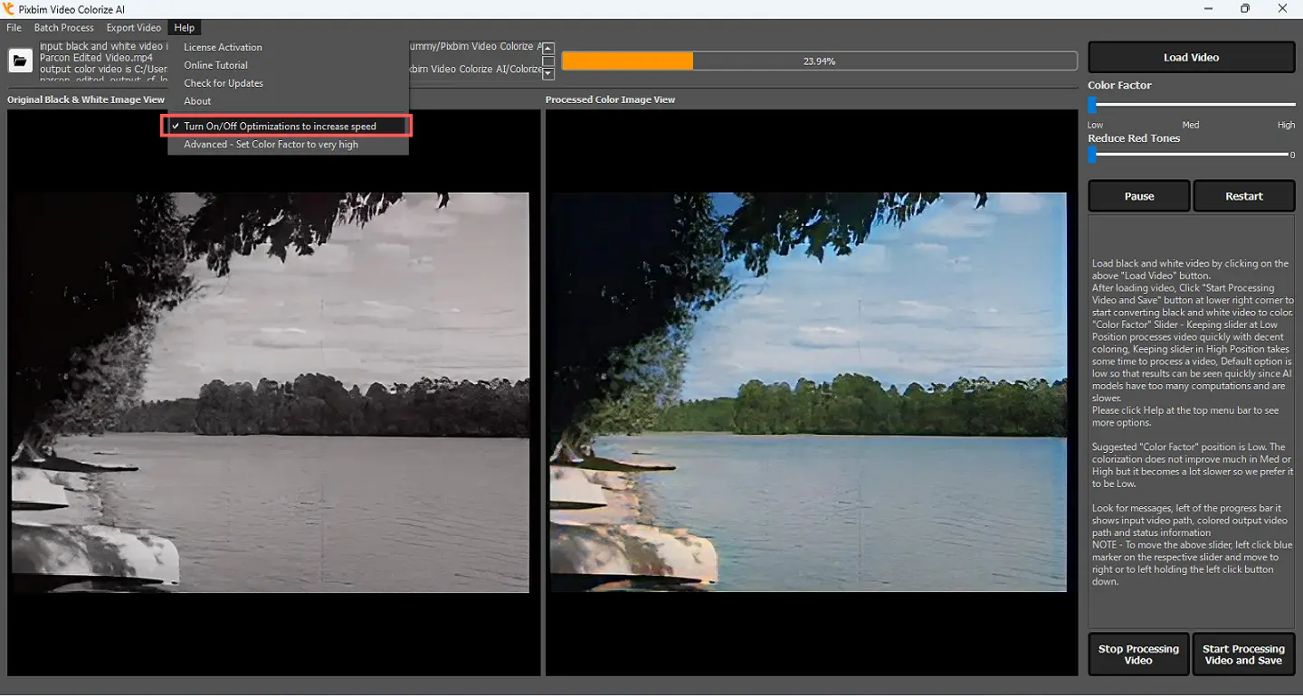 screenshot shows turn on/off-optimization option for better colorization