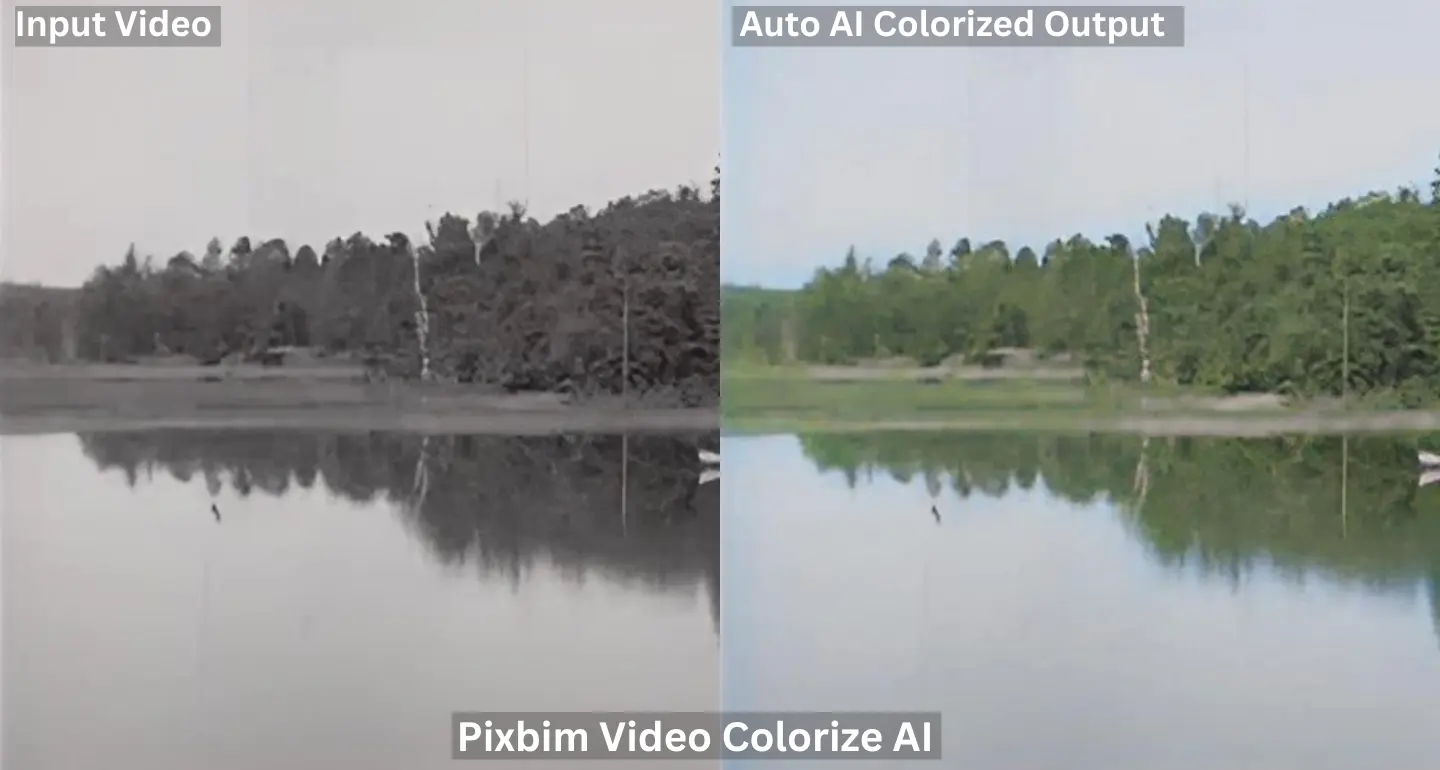Side-by-side comparative screenshot revealing the transformation from a black and white input video frame to an AI-upscaled output frame 