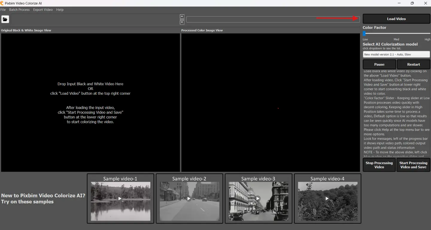 The screenshot shown is the button used to load the black-and-white input video, which is located in the top-right corner of the dashboard in the new Pixbim Video Colorize AI v2.0.0.