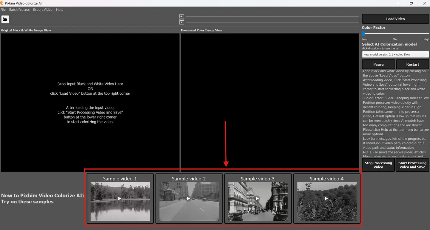 The screenshot highlights the sample the videos which is given along with software which is situated at the bottom of the of the dashboard in the new Pixbim Video Colorize AI v2.0.0. Just click and start the colorization process before for quick tesing