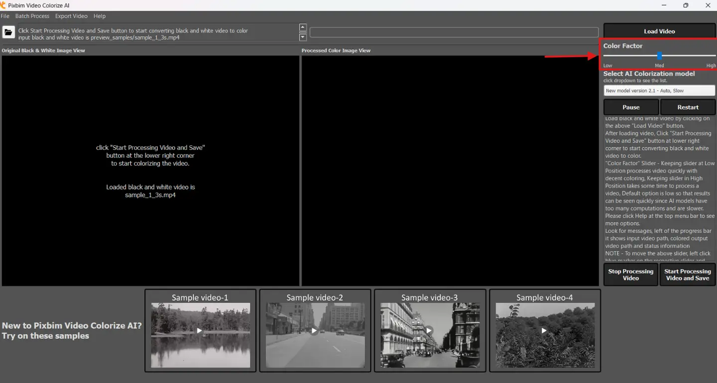 The screenshot highlights the Color Factor slider, where you can adjust the level from low to medium to high.