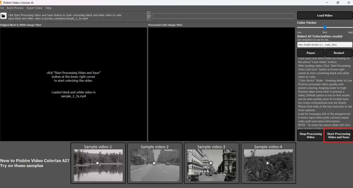 The screenshot highlights the button start processing video and save where after loading the input video you can select the AI model or keep it default and start the video colorization process.