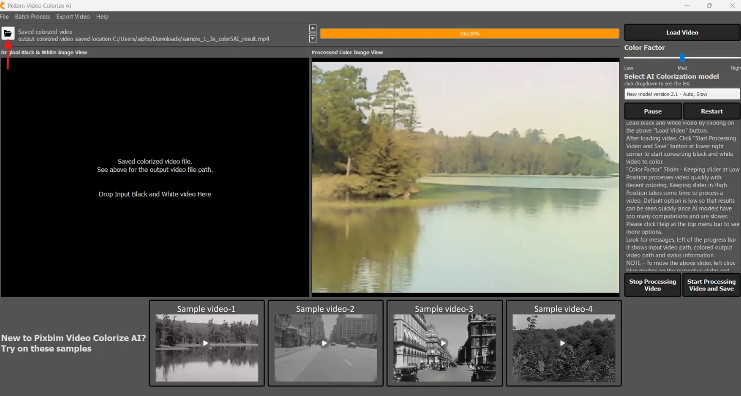 The screenshot highlights the option where you can directly access the colorized output video that you previously saved during the video colorization process.