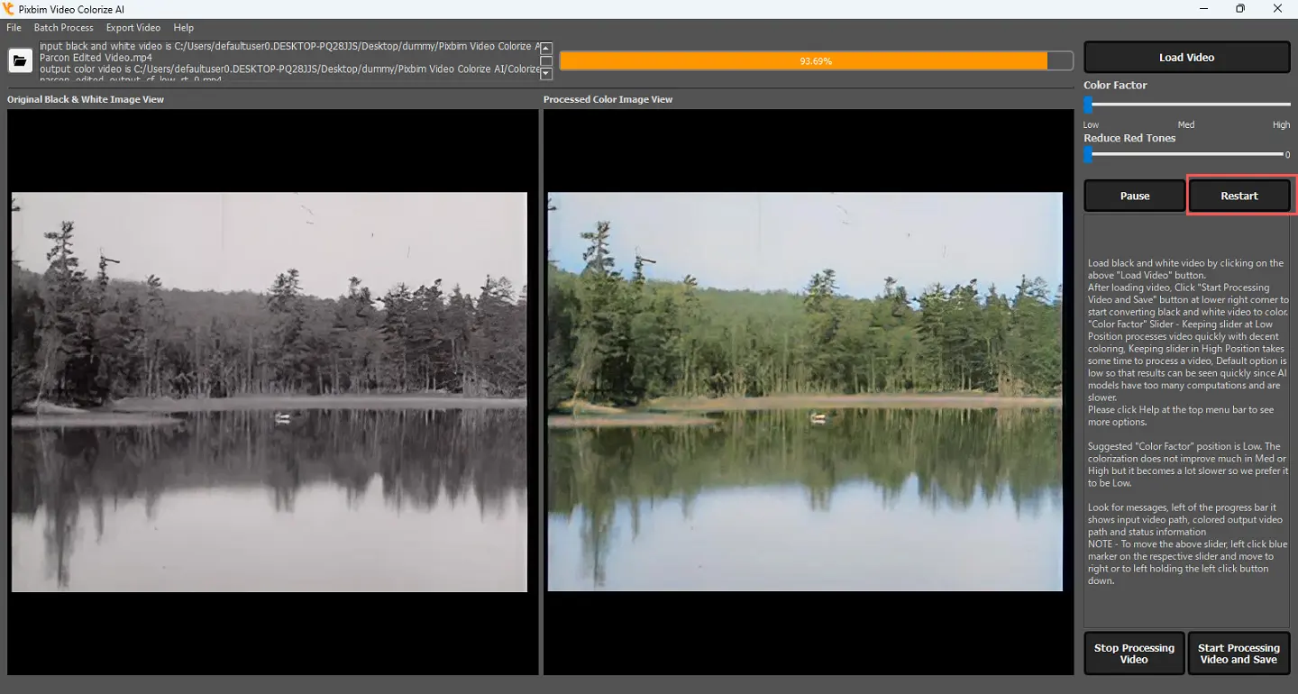 The screenshot shows restart option in the Pixbim Video Colorize AI. After pausing you can use the resume the process using this restart button 