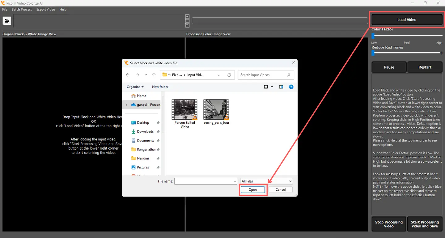 Load Input Video using Pixbim Video Colorize AI