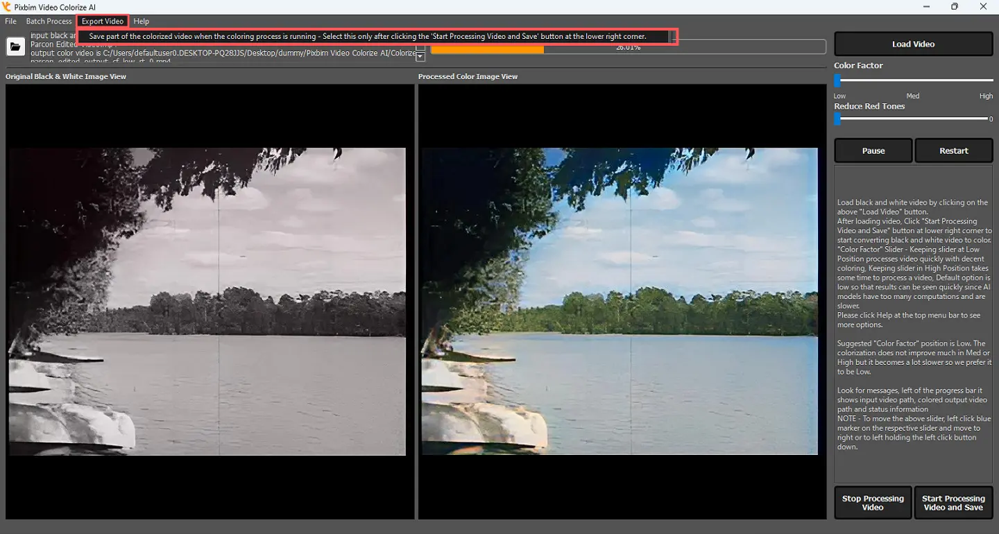 The screenshot shows export option Pixbim Video Colorize AI. Using this icon you can partially save the colorized video