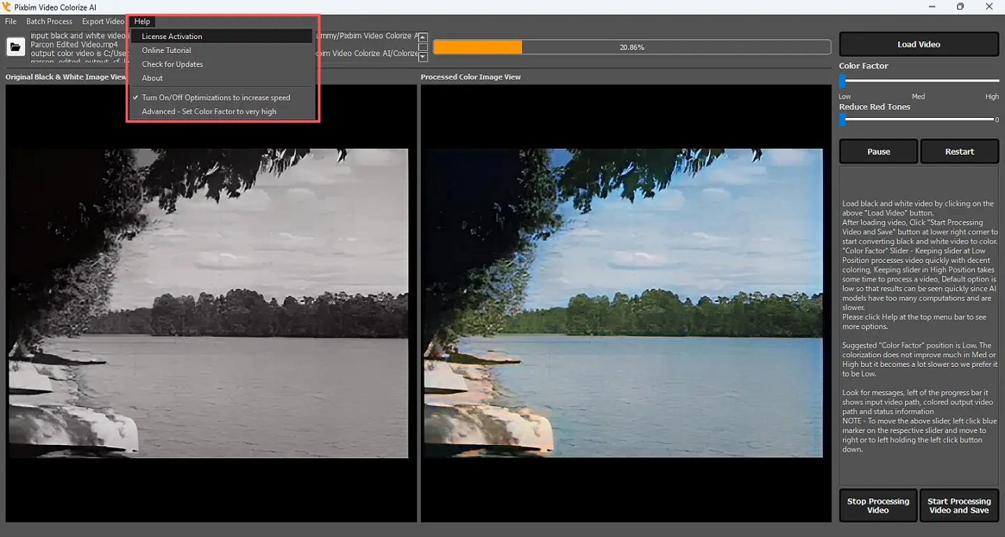 The screenshot shows export option Pixbim Video Colorize AI. Using this icon you can partially save the colorized video