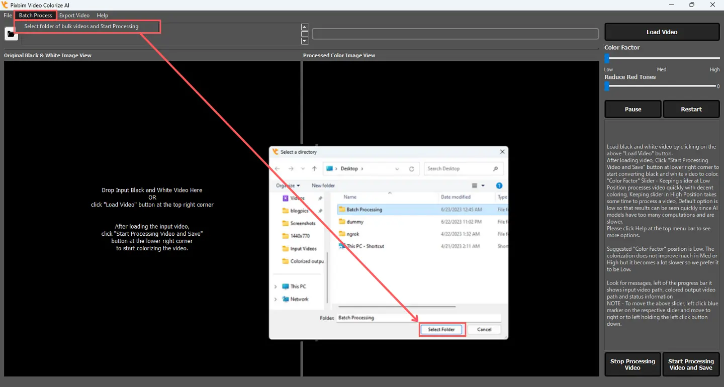 Screenshot shows batch processing option which enables to colorize multuple black and white video at once