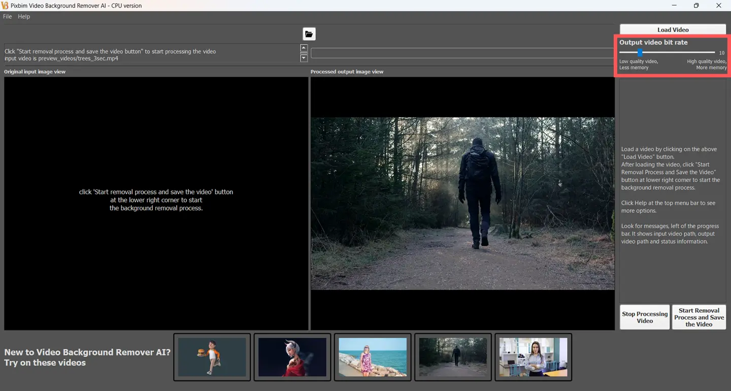 This screenshot shows the option to change the output video's bit rate. This setting is optional. By default, you can leave the bit rate unchanged, or you can increase it using the Output Bit Rate slider by moving it to the desired value. The higher the bit rate, the better the output video quality. However, a higher bit rate may also increase the processing time