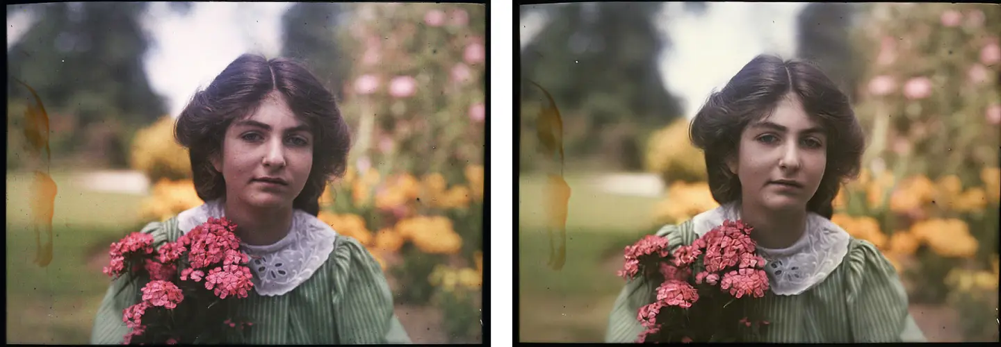 Noise and color are fixed automatically.Typically before and after photo result are shown