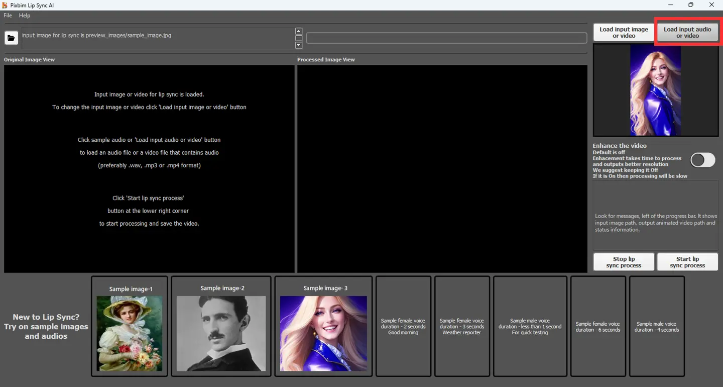 screenshot shows loading an input audio file on pixbim lip sync ai software