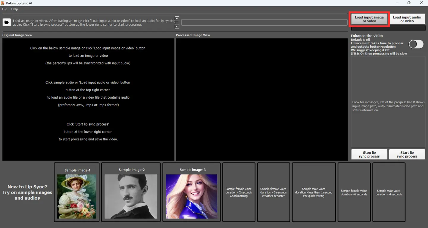 screenshot shows uploading an input image on pixbim lip sync ai software