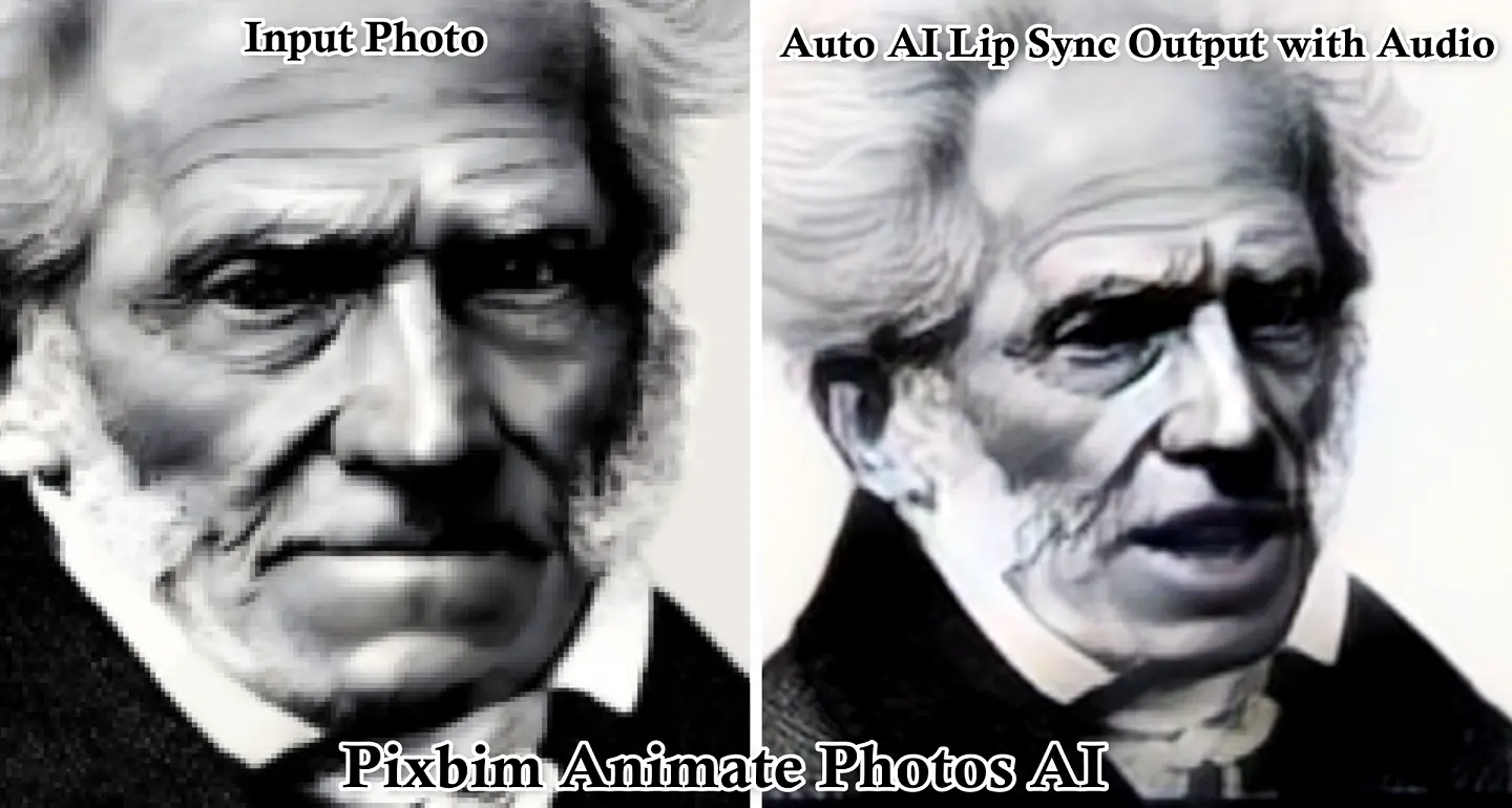 screenshot shows input photo on the left and auto synchronized lip sync ai portrait output using pixbim animate photos ai 