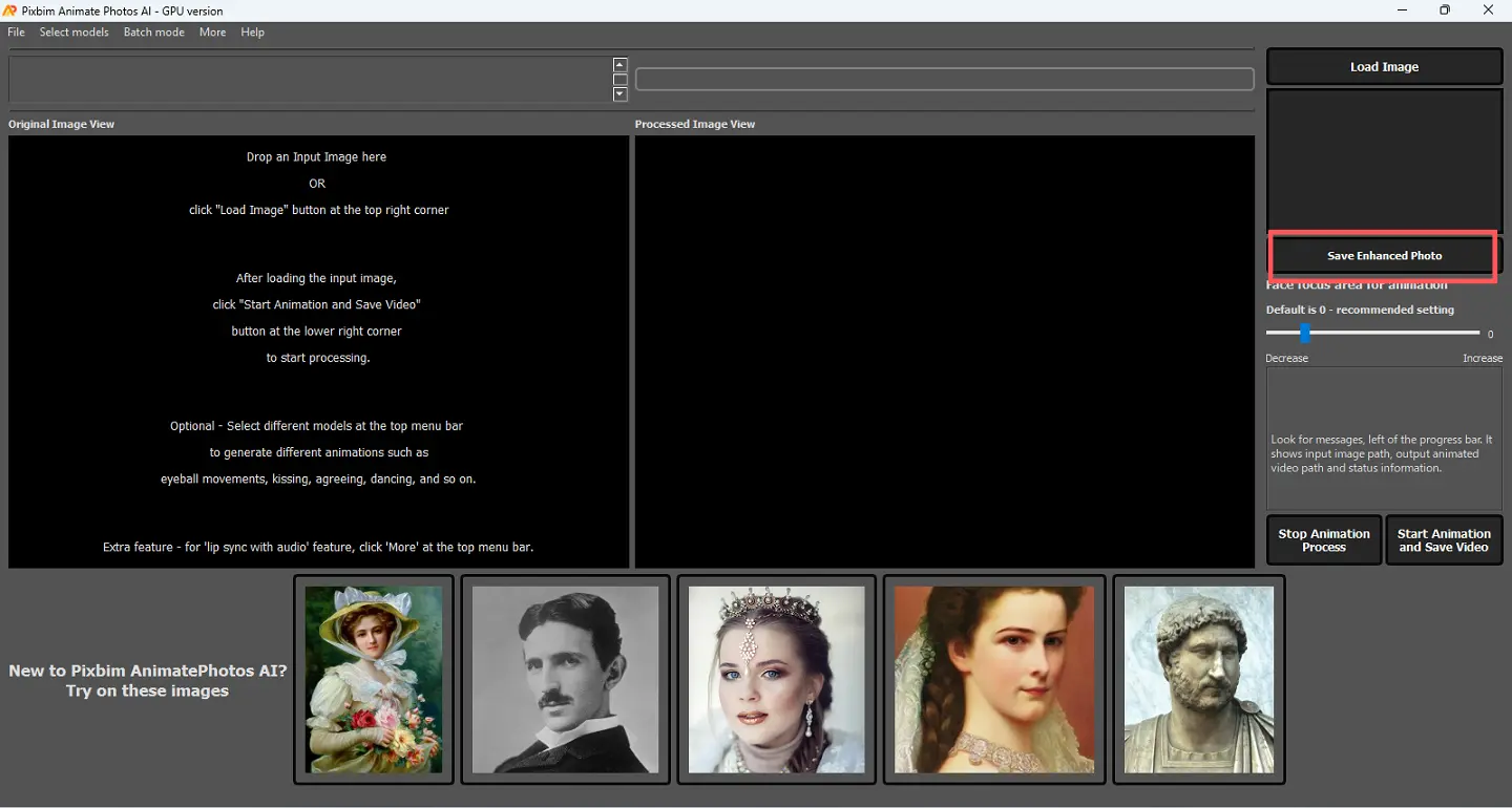 screenshot illustrates options other than lip sync which is called as photo enhancement in pixbim animate photos ai