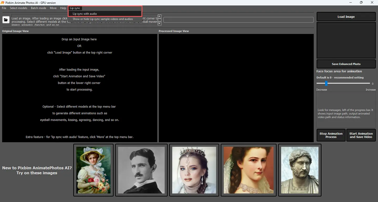 screenshot shows enabling the option lip sync with audio in pixbim animate photos ai software