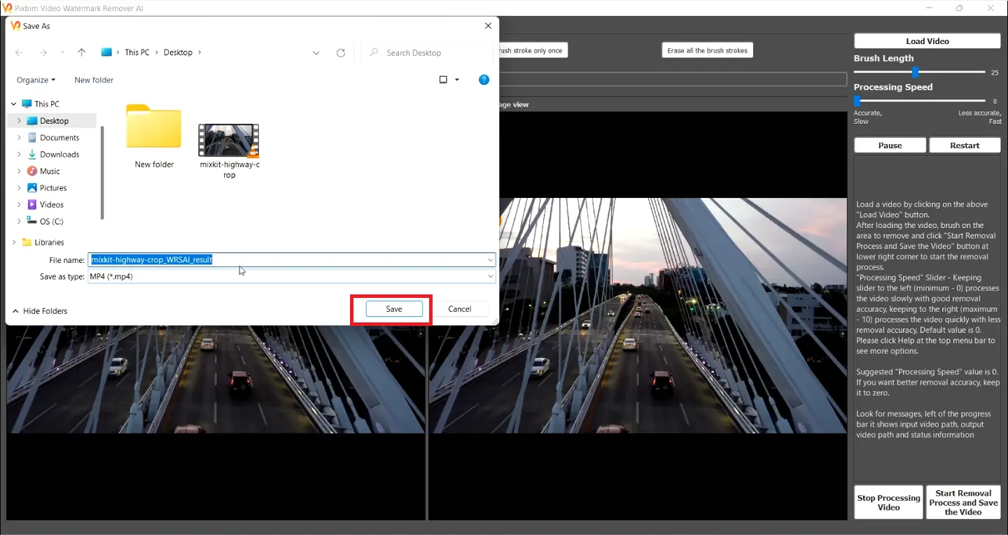 Saving The video into your required Location from Pixbim Video Wtaermark Remover AI