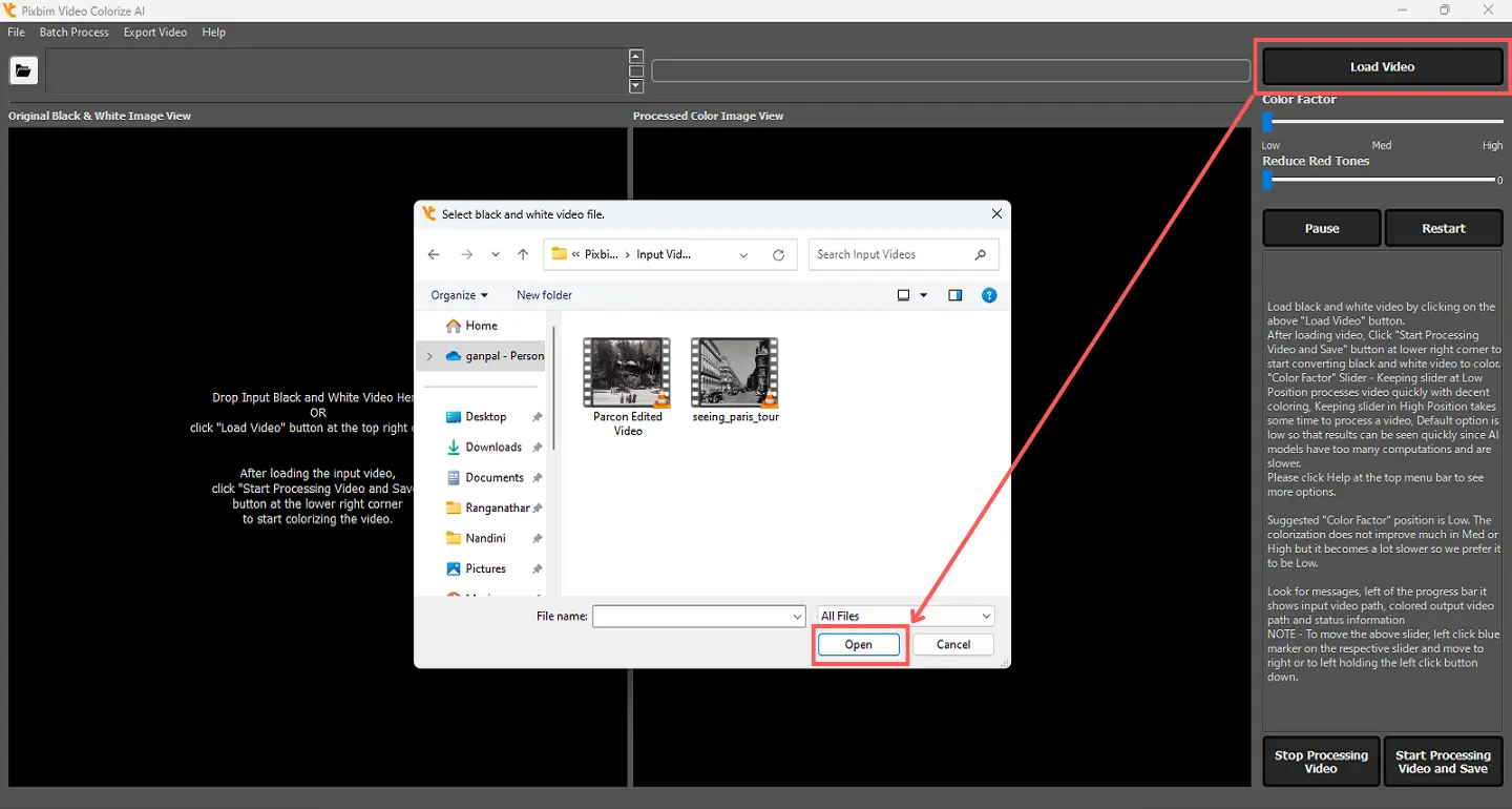 Screenshot shows loading the input Video using Pixbim Video Colorize AI