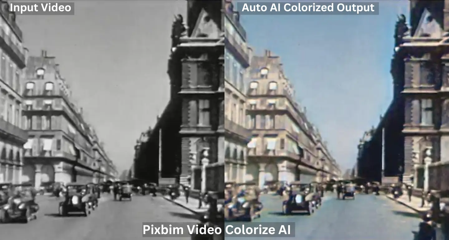 side-by-side comparative screenshot revealing the transformation from a black and white input video frame to an AI-upscaled output frame Pixbim Video Colorize AI