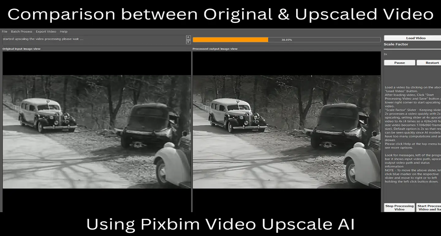 this pictures shows pixbim video upscale ai which simultaneously shows input frame and upscaled output frame 
