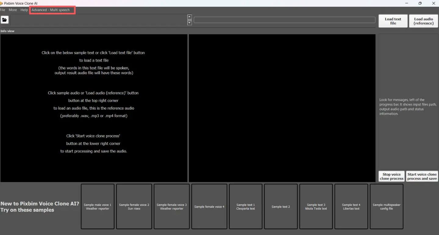 screenshot highlights Advanced option called Multi Speech Voice Cloning