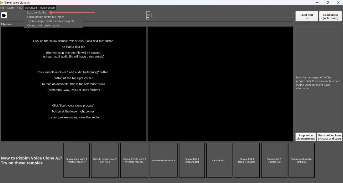 screenshot highlights option to load user configuration file in Pixbim Voice Clone AI