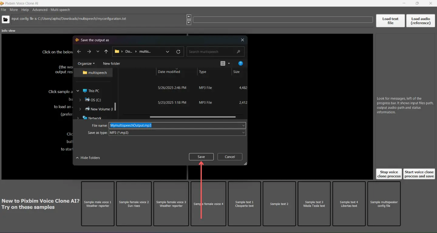 screenshot highlights saving the multispeech output file