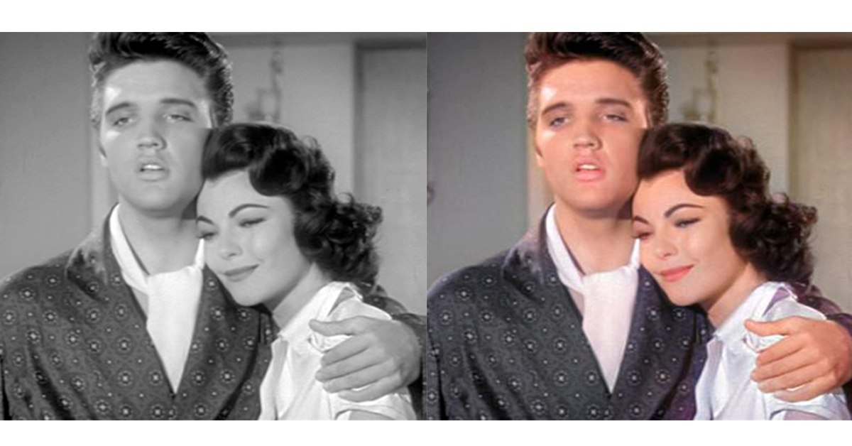 black and white photo, colorized photo of elvis presley and judy tyler in jailhouse rock movie, photos colorized using pixbim color surprise ai